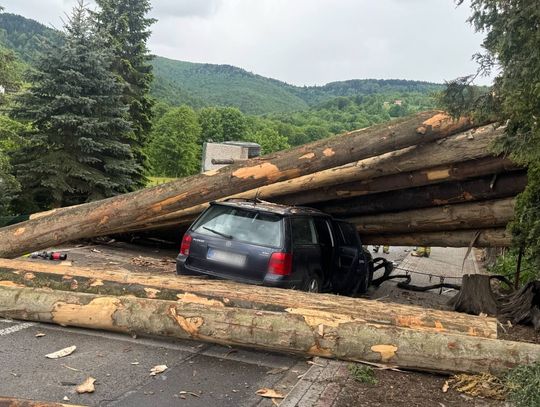 Ładunek drewna spadł na auto z matką wiozącą dziecko. Wcześniej z ciężarówką czołowo zderzył się 60-latek