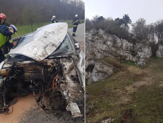 Audi spadło z 50-metrowej skały wprost przed jadący drogą samochód. FOTO