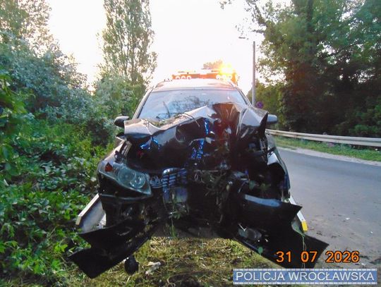 Audi zjechało z drogi i uderzyło w drzewo. Kobieta jadąca w bagażniku złamała kręgosłup