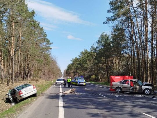 Czołowe zderzenie osobówek na DK 74. Jeden z kierowców nie żyje, drugi jest ranny