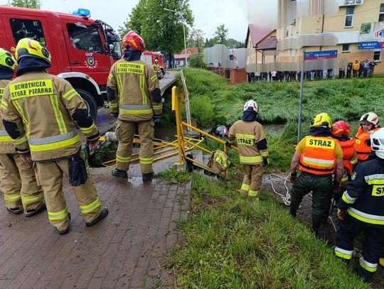 Ford przebił bariery mostu i spadł do rzeki. Strażacy uwolnili z auta poważnie rannego kierowcę