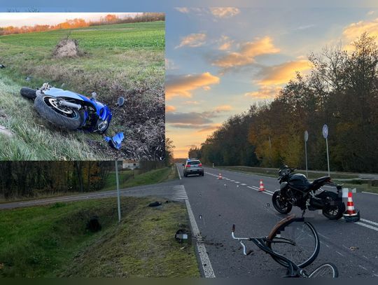 Groźny wypadek z udziałem pary motocyklistów i rowerzysty, który nagle zjechał ze ścieżki