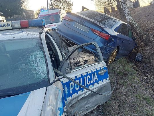 Kierowca Audi RS3 próbował rozjechać policjantów. Strzały, rozbity radiowóz i finał na drzewie
