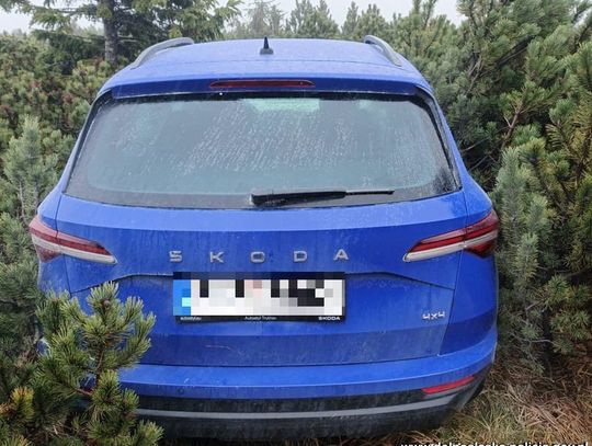 Kradziona skoda odnaleziona w trudno dostępnym górskim terenie. Auto stało w kosodrzewinie