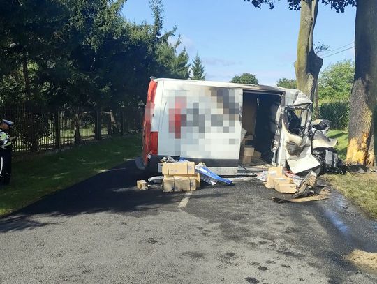 Kurier bez prawa jazdy rozbił busa na drzewie. Świadkowie wyciągnęli go z płonącego auta