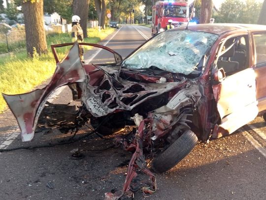 Mitsubishi wypadło z drogi i uderzyło w drzewo. Dwie osoby wypadły z auta przez przednią szybę