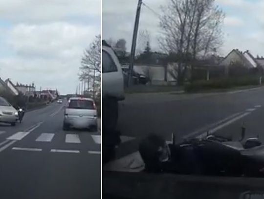 Motocyklista uderzył w osobówkę, a następnie wpadł pod auto jadące z naprzeciwka [WIDEO]