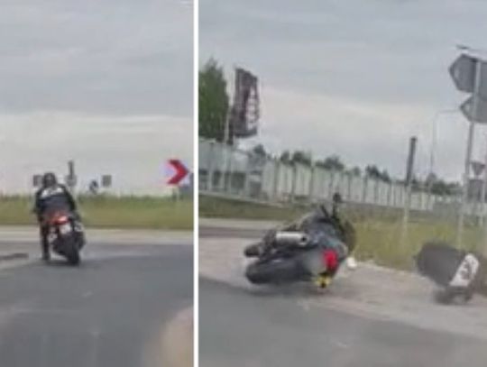 Motocyklista z Włoch uciekał polskiej policji. Ucieczkę zakończył glebą na rondzie [WIDEO]