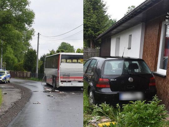 Pijak w golfie uderzył w autobus wiozący dzieci, a potem wjechał komuś do ogródka