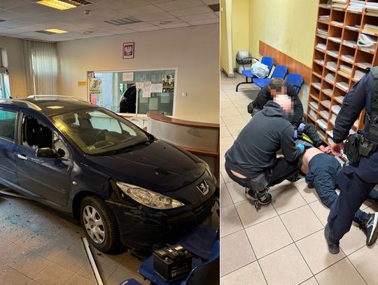 Pijany kierowca celowo wjechał w komisariat policji. Kilka razy cofał i znów ruszał do przodu [FOTO]