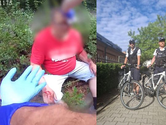 Policyjny patrol na rowerach pomógł mężczyźnie, który rozbił głowę o asfalt. Film z kamery na mundurze