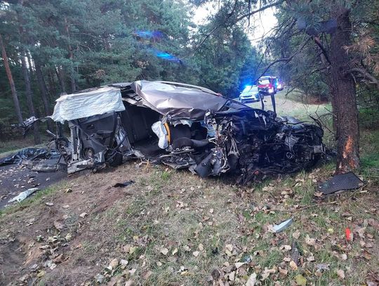 Rozpędzona kia wbiła się w drzewo, auto zostało zmiażdżone. Zginął 20-letni kierowca