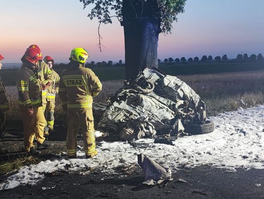 Rozpędzone BMW wbiło się w drzewo, kierowca zginął w płonącym pojeździe [ZDJĘCIA]