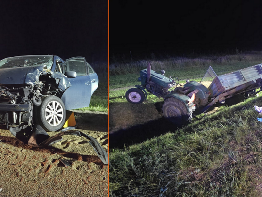 Siła uderzenia wyrzuciła mężczyznę z ciągnika. 35-latek w Toyocie się zagapił i w niego wjechał