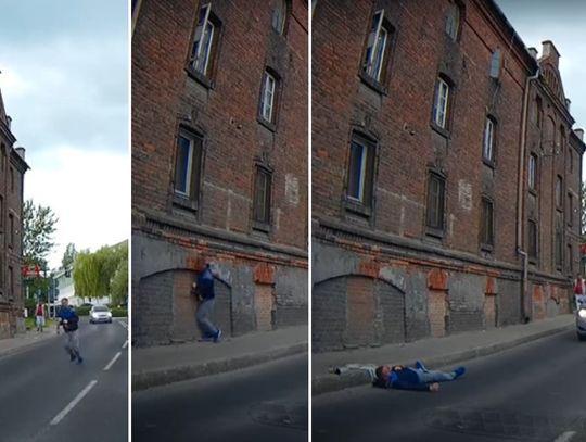 To nagranie podbija Internet. Pijany mężczyzna na oczach policjantów wbiegł w ścianę i padł na ulicę. WIDEO