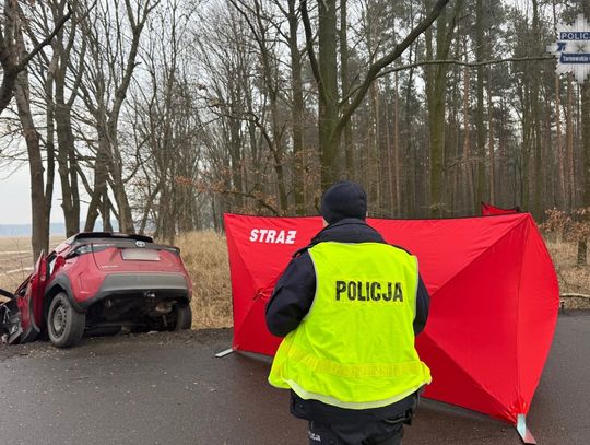 Toyota wypadła z drogi i uderzyła w drzewo. Ratownikom nie udało się uratować życia kierowcy