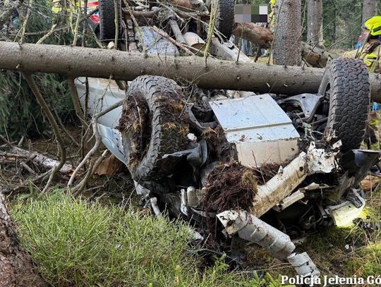 Toyota z pięcioma osobami wypadła z drogi, ścięła dwa świerki i dachowała [ZDJĘCIA]