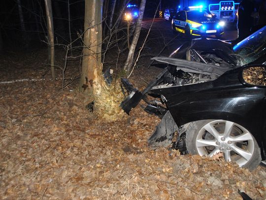 Tragiczny finał zderzenia z dzikiem. Lexus wypadł z drogi i uderzył w drzewo, zginął pasażer