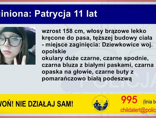Wydano CHILD ALERT! ZAGINĘŁA 11-LATKA. Nie wróciła do domu po wizycie u dziadków