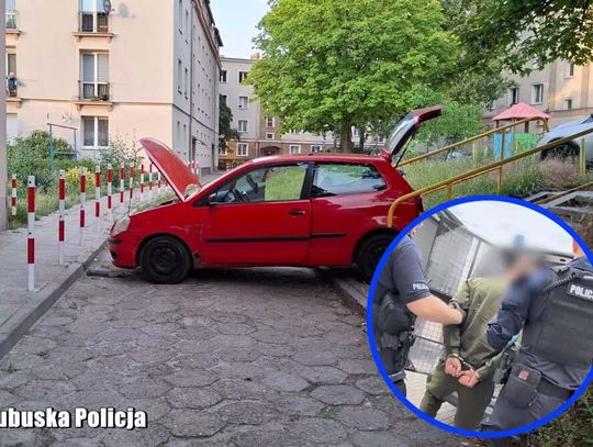 Złodziej paliwa uciekał z poszukiwaną dziewczyną. Uderzył w radiowóz i próbował zjechać po schodach