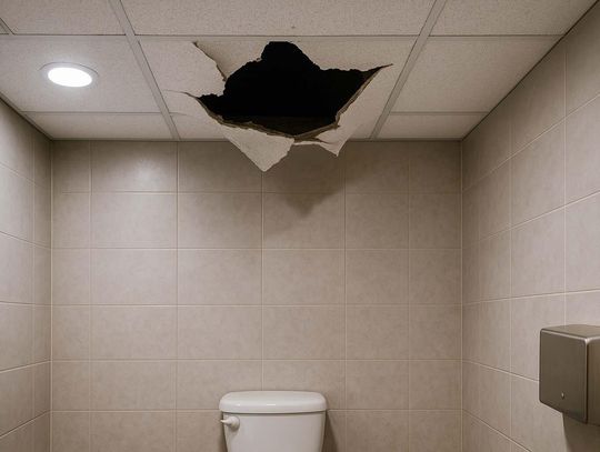 Złodziej sklepowy próbował uciec ochroniarzowi przez sufit powieszany. Okazało się, że jest inaczej niż w filmach