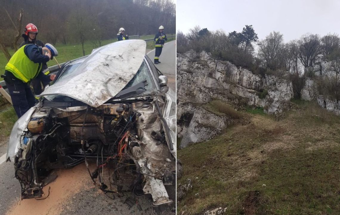 Audi spadło z 50-metrowej skały wprost przed jadący drogą samochód. FOTO