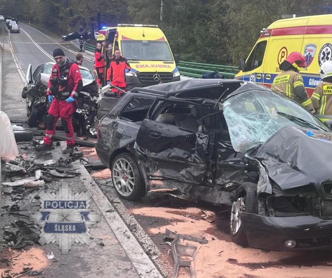 Audi uderzyło w barierę, a następnie zjechało na czołówkę z innym autem. Kierowca był reanimowany