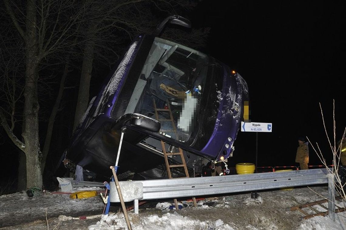 Autokar z 26 pasażerami wypadł z drogi i uderzył w drzewo. Jedna z pasażerek została poszkodowana