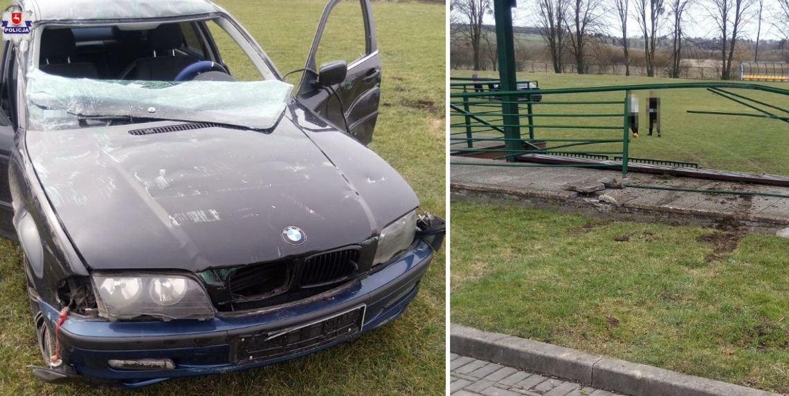 BMW staranowało ogrodzenie, ławki i zatrzymało się na boisku. Za kierownicą 12-latek