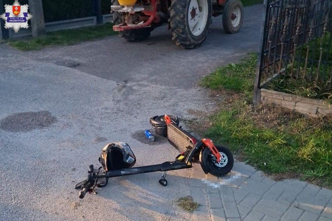 Chłopiec na hulajnodze elektrycznej wjechał w ciągnik. Poszkodowany 12-latek trafił do szpitala Chłopiec na hulajnodze elektrycznej wjechał w ciągnik. Poszkodowany 12-latek trafił do szpitala