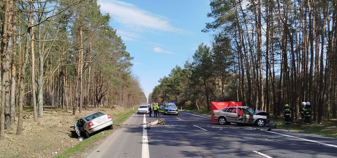 Czołowe zderzenie osobówek na DK 74. Jeden z kierowców nie żyje, drugi jest ranny