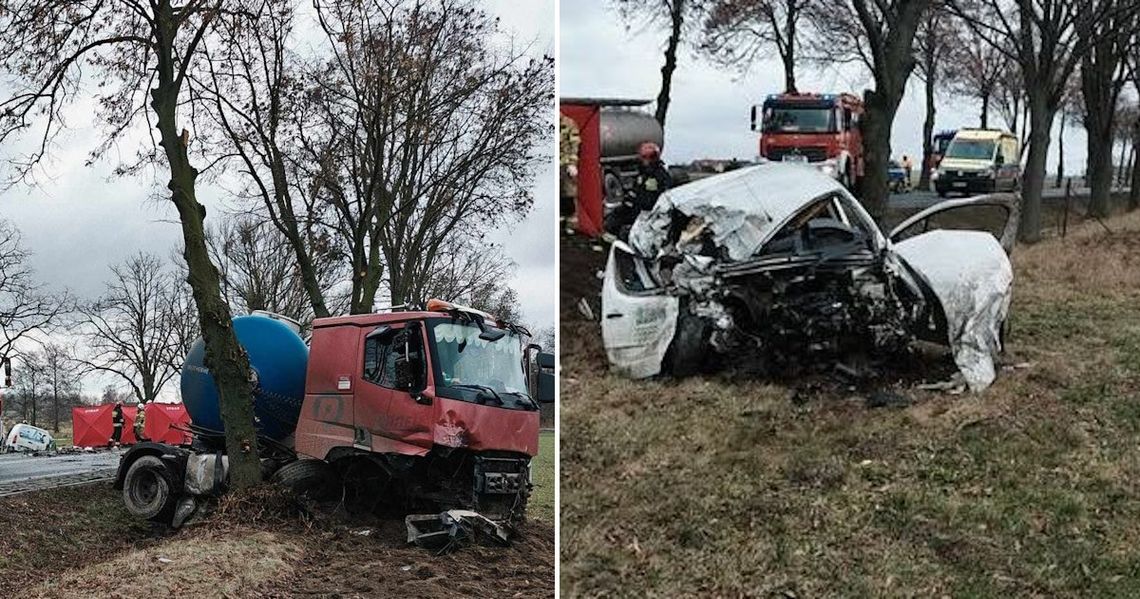 Czołowe zderzenie peugeota z cysterną. W wypadku zginął kierowca osobówki [FOTO]