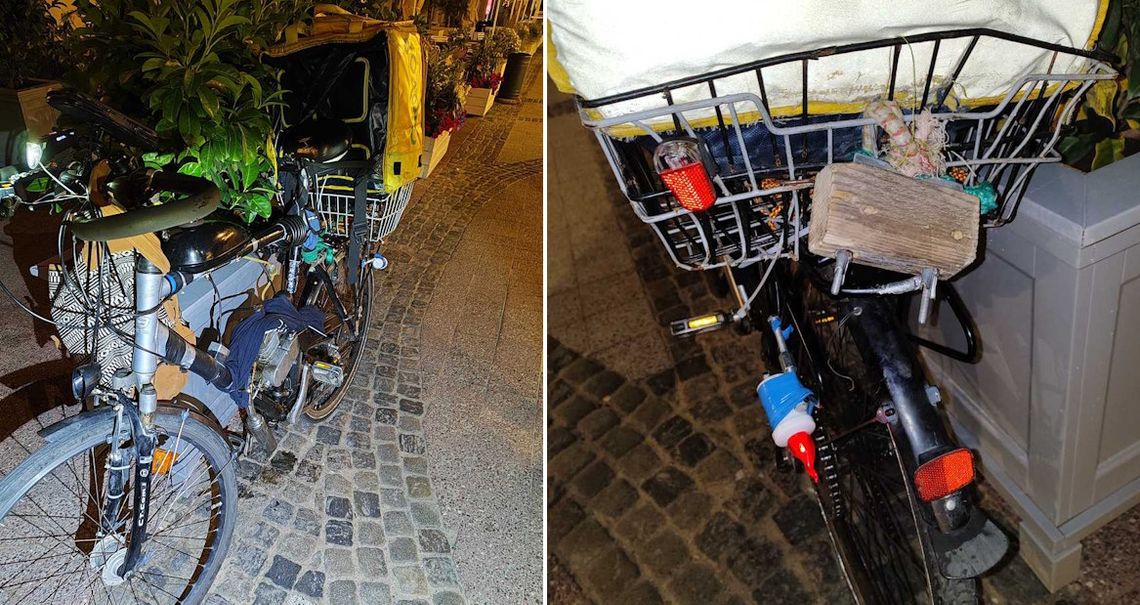 Dostawca jedzenia przerobił rower na motorynkę. Elektroniczny znicz służył jako tylne światło