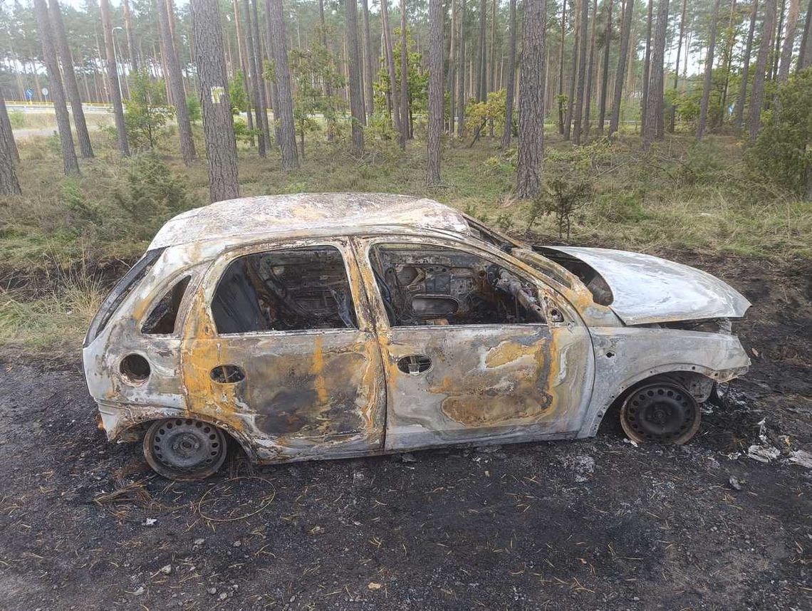 Doszczętnie spalony opel stał przy zjeździe z drogi ekspresowej. Policjanci szukają właściciela auta