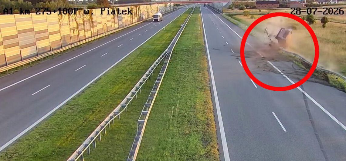 Dramatyczny wypadek na autostradzie A1. Bus przebił barierę, przeleciał nad nią i wylądował w rowie