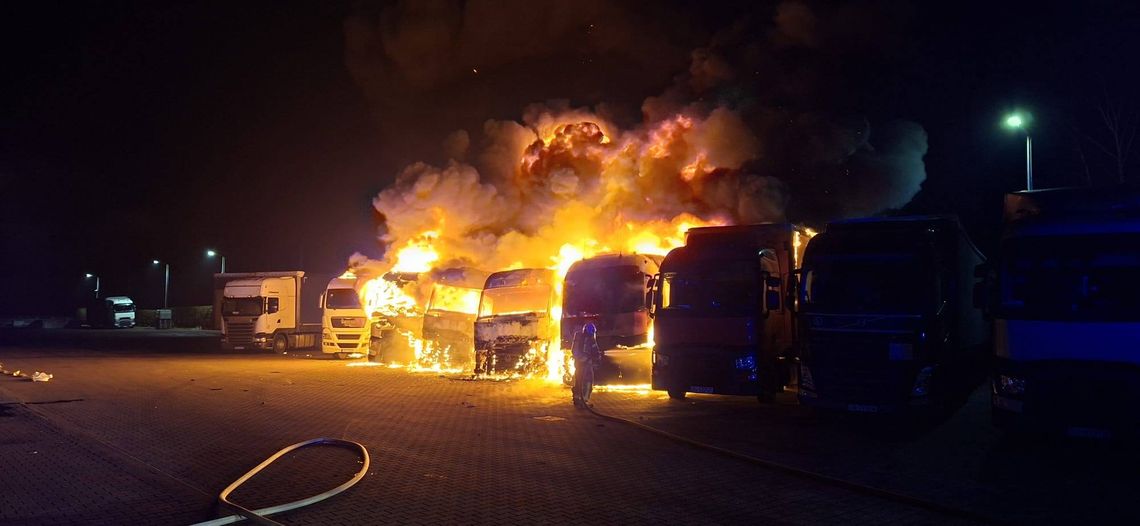 Groźny pożar na terenie prywatnej firmy. Spłonęło sześć zestawów ciężarowych [FOTO]