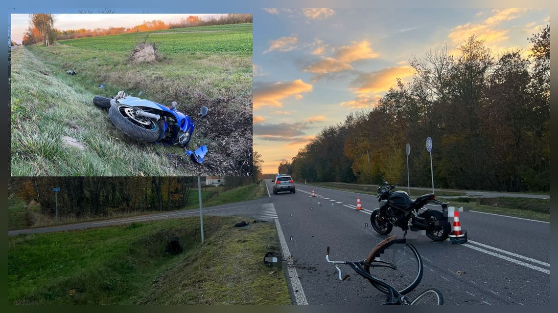 Groźny wypadek z udziałem pary motocyklistów i rowerzysty, który nagle zjechał ze ścieżki