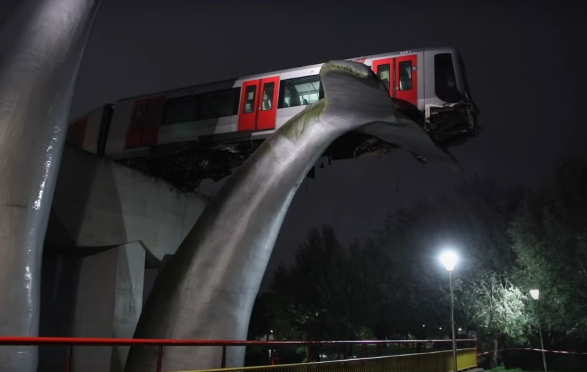 Holandia: pociąg metra wypadł z torów i zawisł na olbrzymiej rzeźbie [WIDEO]