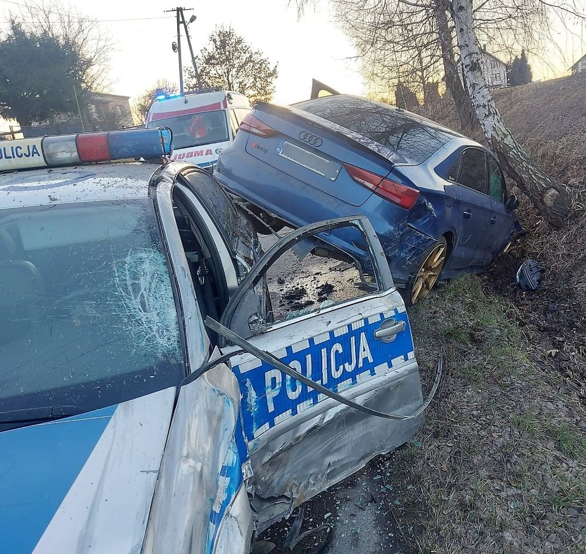 Kierowca Audi RS3 próbował rozjechać policjantów. Strzały, rozbity radiowóz i finał na drzewie