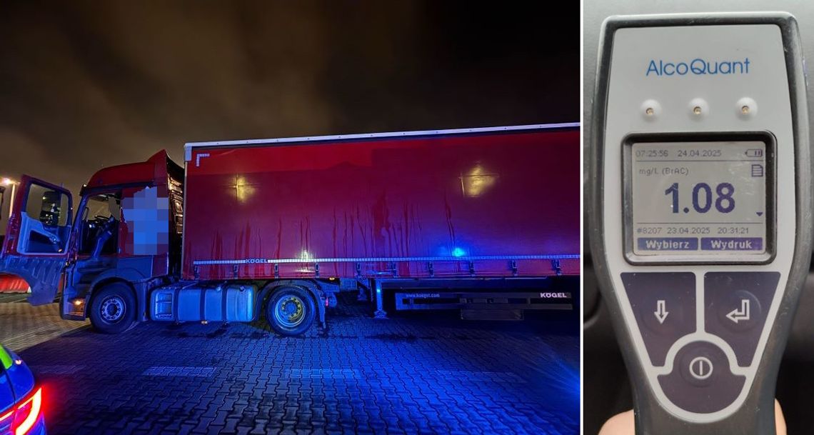 Kierowca ciężarówki z naczepą miał ponad dwa promile we krwi. Wyruszył tak w wieczorną trasę