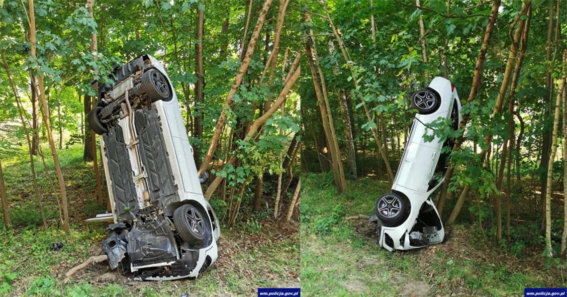 Kierowca mercedesa przysnął i zjechał do rowu. Jazdę zakończył w takie pozycji