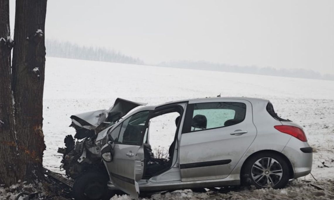 Kierowca peugeota zjechał z drogi i uderzył w drzewo. 41-latek nie przeżył wypadku