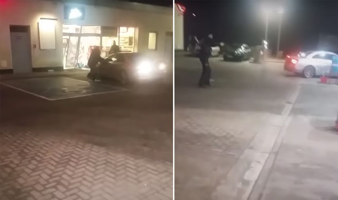 Kobieta w BMW rozwala stację benzynową, policja biega wokół i strzela. Nieprawdopodobna akcja. WIDEO