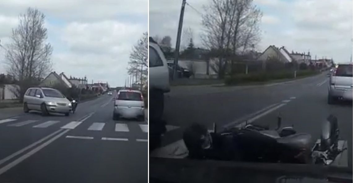 Motocyklista uderzył w osobówkę, a następnie wpadł pod auto jadące z naprzeciwka [WIDEO]