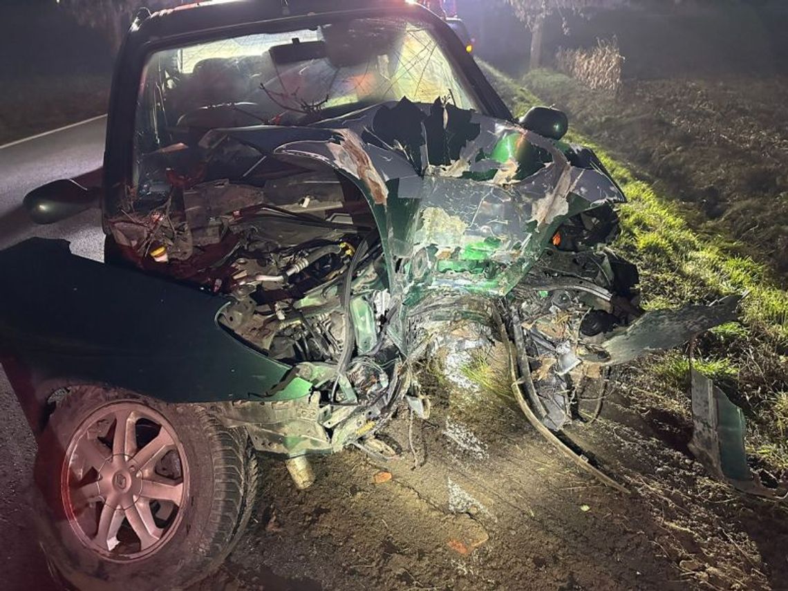 Nie upewnił się, czy może wyprzedzać. Podczas manewru zjechał z drogi i uderzył w drzewo