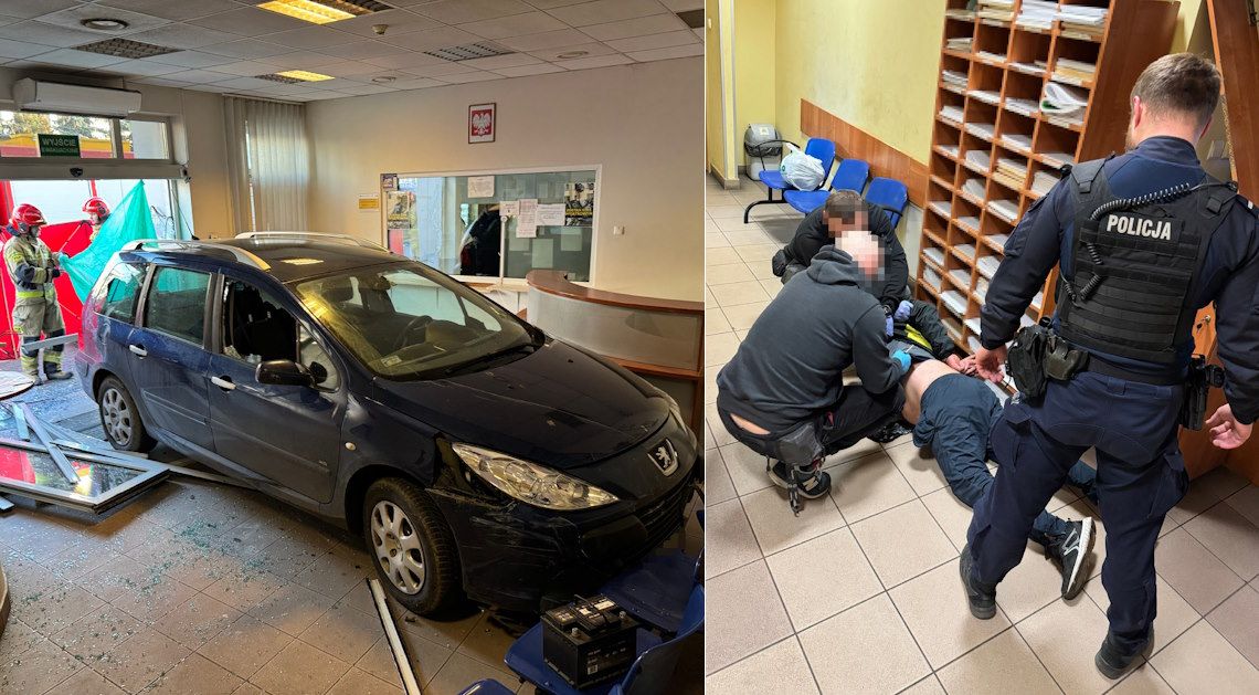 Pijany kierowca celowo wjechał w komisariat policji. Kilka razy cofał i znów ruszał do przodu [FOTO]