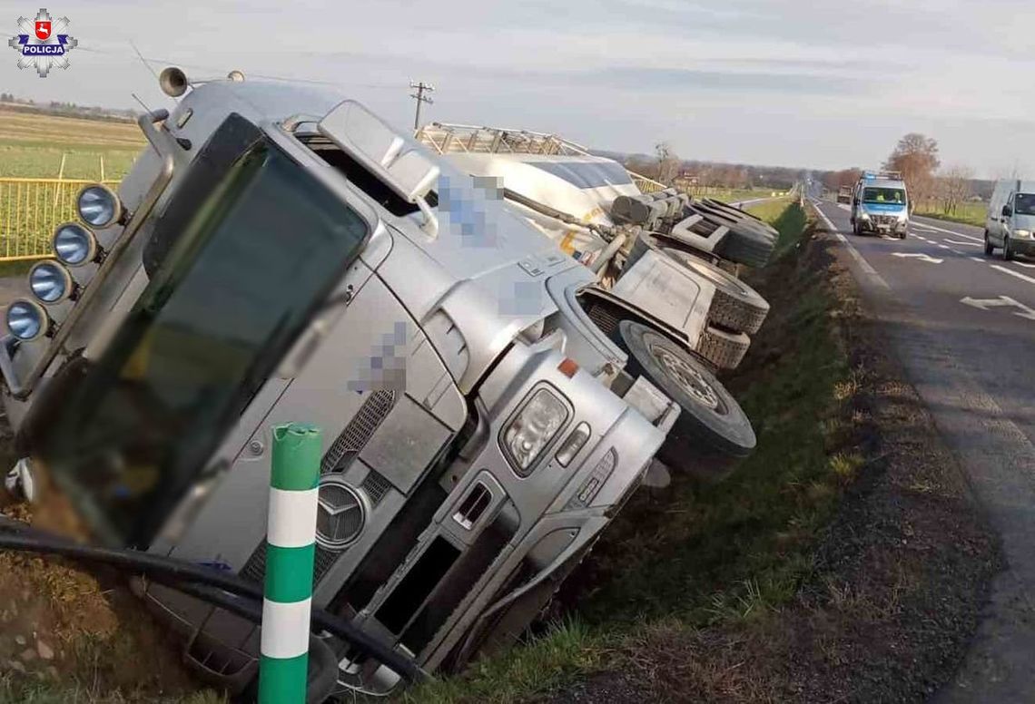 Pijany kierowca wywrócił kilkudziesięciotonową ciężarówkę przewożącą cement