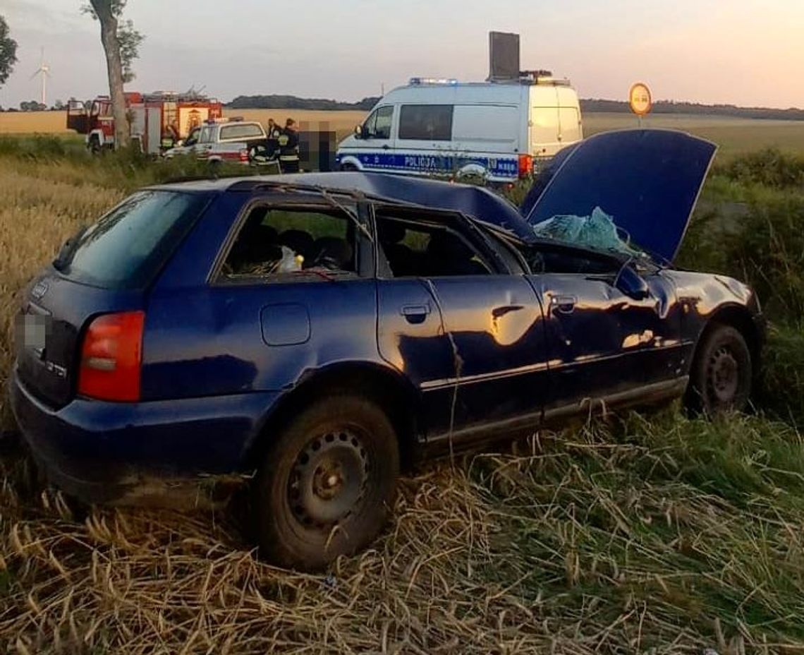 Pijany kierowca zjechał z drogi i dachował. Próbował zbiec z miejsca, w aucie zostawił pięcioletniego syna