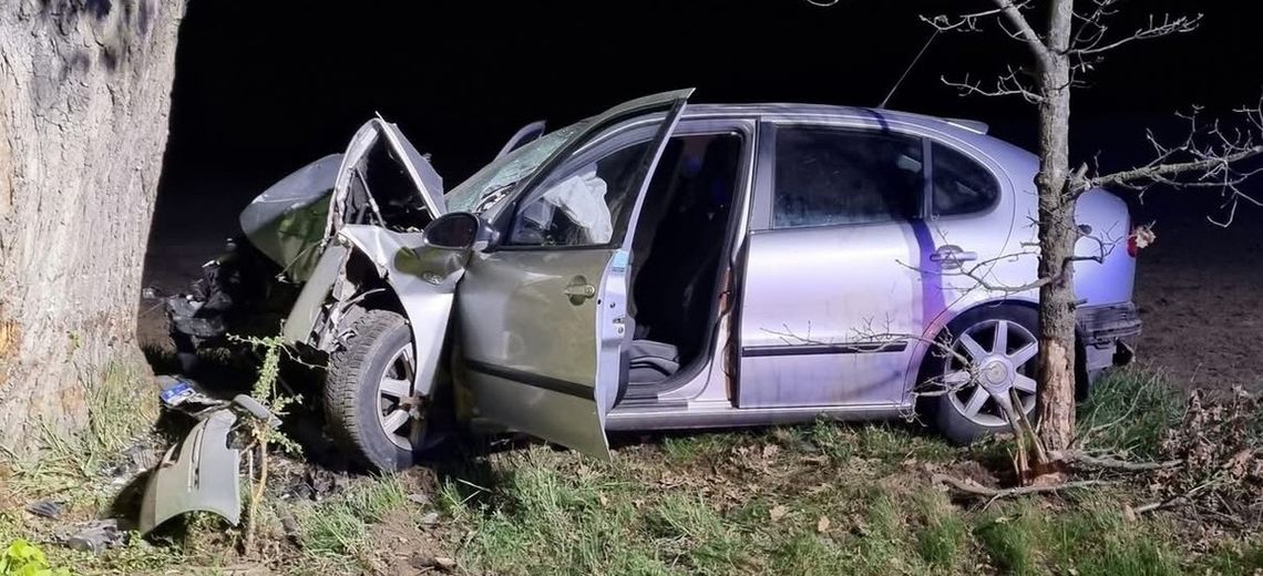 Pijany nastolatek wjechał autem w drzewo. 18-letnia pasażerka doznała poważnego urazu kręgosłupa