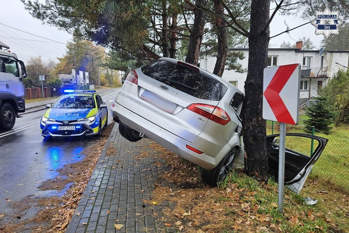 Pijany Ukrainiec na zakręcie wypadł z drogi. Samochód sam wezwał służby na miejsce Policja Żory